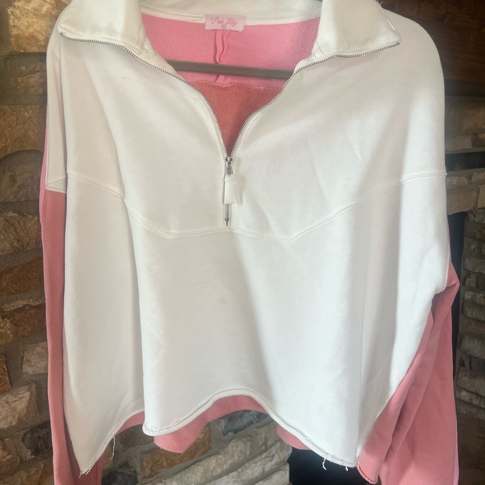 Pink Lily Women's White and Pink Cropped Quarter-Zip Top Sweatshirt